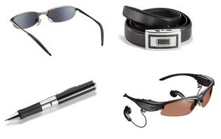 Moderna spionprodukter från Minox; spegelglasögon, kamera i bälte m m. spionkamera